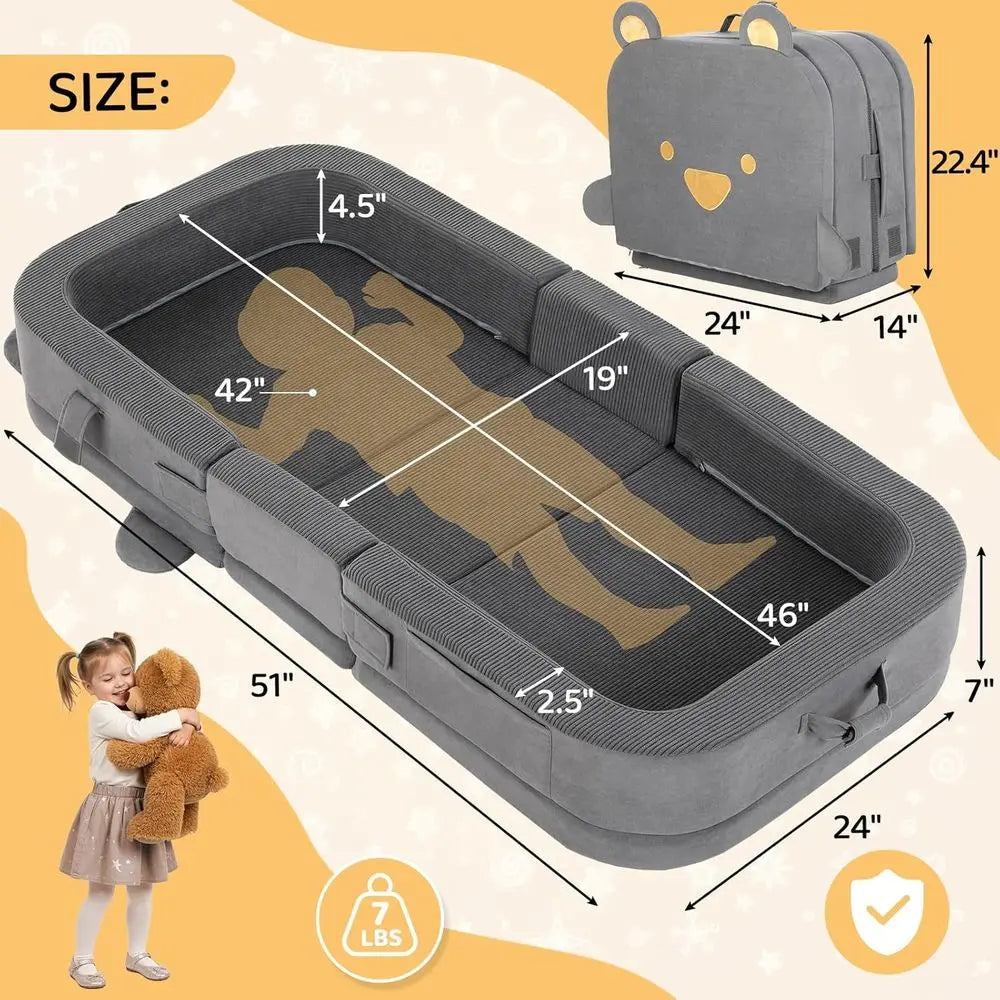 Toddler Travel Bed,Foldable Portable Toddler Floor Bed with Soft Foam for Baby and Kids Aged 1-4,Washable Cover Travel