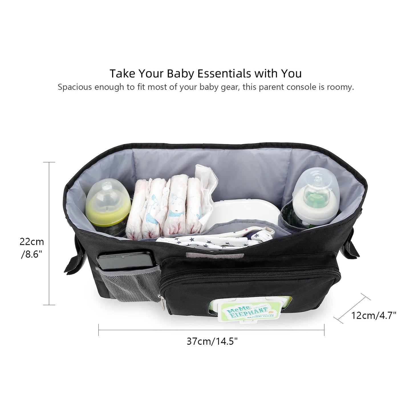 aby Small Diaper Bag Stroller Organizer with Insulated Cup Holder& Shoulder Strap Mini Stroller Storage Pouch for Outdoor