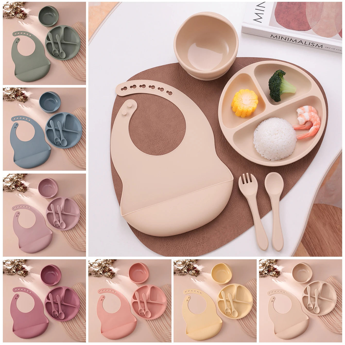 5PCS Silicone BPA Free Baby Toddler Feeding Set; Suction Plate, Suction Bowl, Bib, Spoon Fork Training Tableware Gift Set