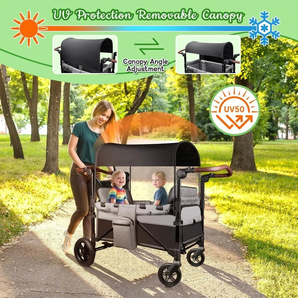 All Terrain Stroller Wagon for 2 Kids Foldable Aluminum Wagon with Extender Canopy Snack Tray Adjustable Handle