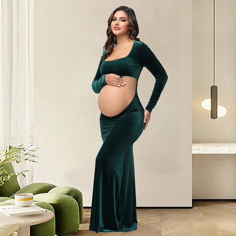 Maternity Photography Dress Velvet Sexy Exposed Belly Long Sleeve Backless Square Neck Women Photoshoot Dress