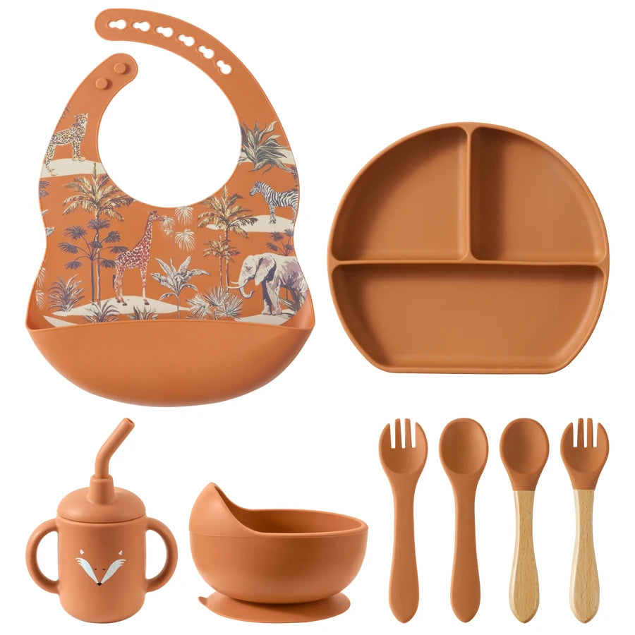 100% Food Grade Silicone Baby Cup, Bowl, Bib, Suction Dish and Utensils Sets
