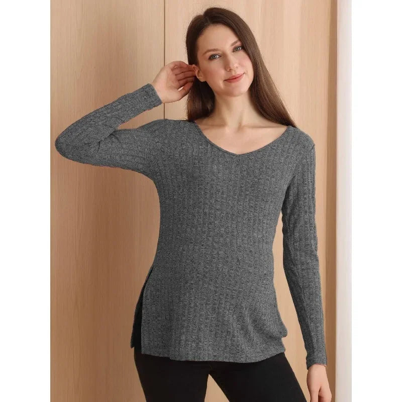 Maternity Fashion Trend Base Roman Wool Solid Color V-neck Long Sleeved Slit Sweater Soft and Comfortable Nursing Top