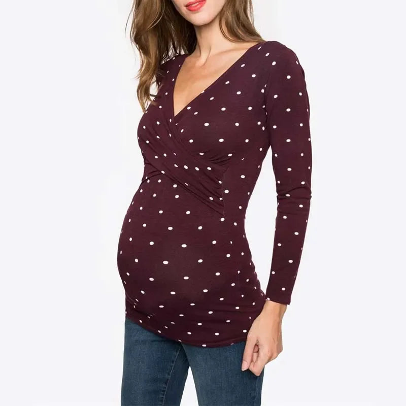 Maternity Nursing V-neck Long Sleeve Top  Breastfeeding Clothes for Pregnant Woman