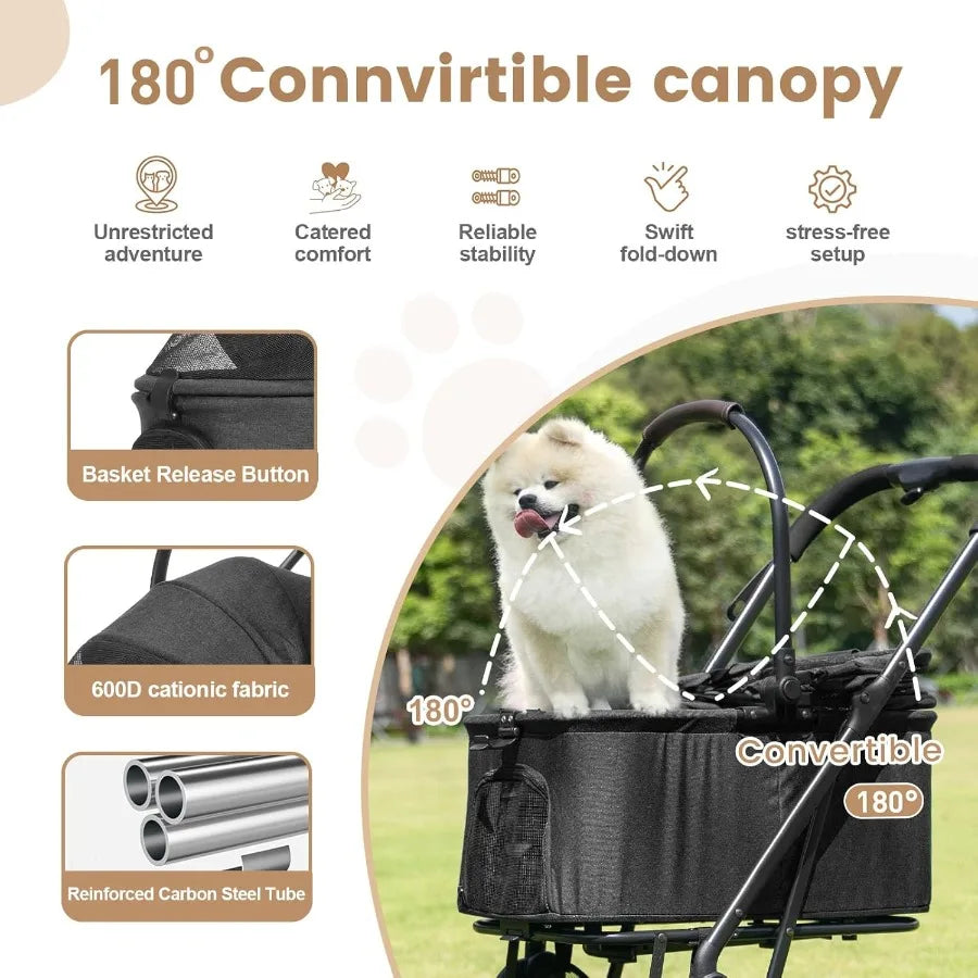 3 in 1 Dog Stroller Upgraded Frame Up to 44lbs Pet Stroller with Dog Poop Bags Dispenser Zipperless Entry Storage Basket