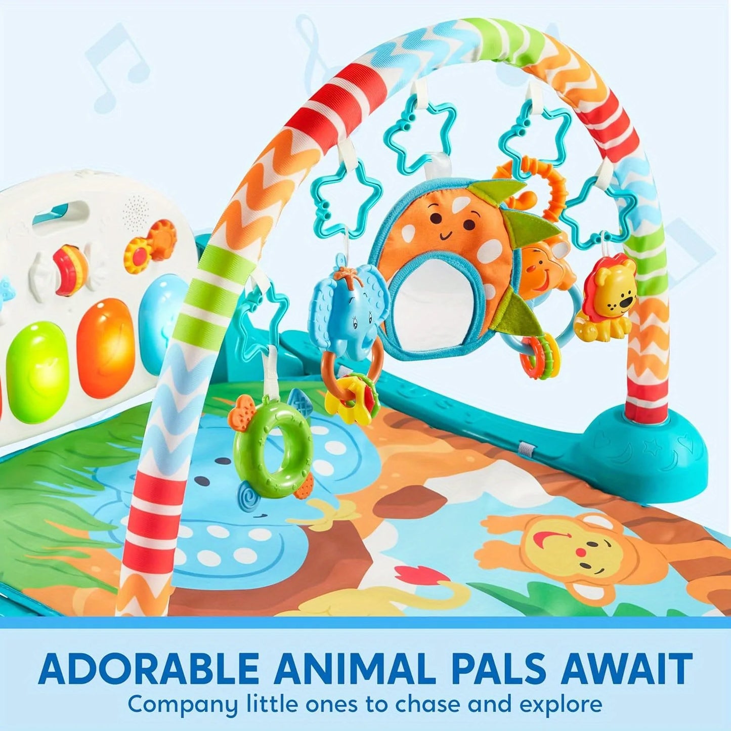 JOYFY Baby Play Mat Tummy Time Mat Toy for 0-12 Months Baby Musical Learning Toy Adorable Animal-Themed Play Gym with Piano Panel