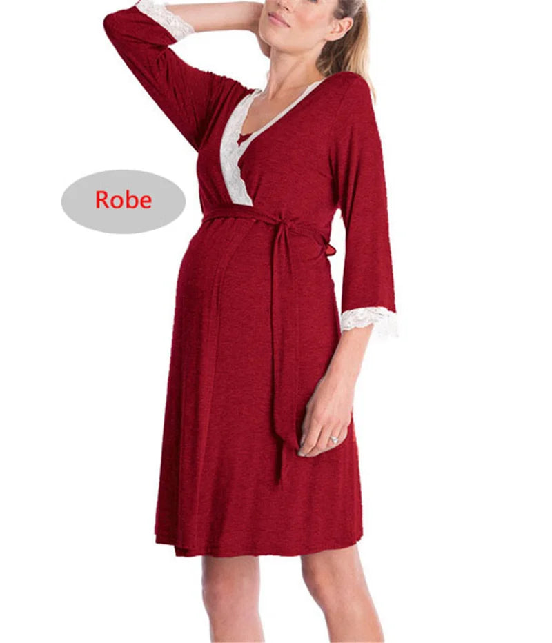 Maternity Nursing Nightgown & Matching Robe With Lace Trim and Adjustable Belt, Sold  Separately