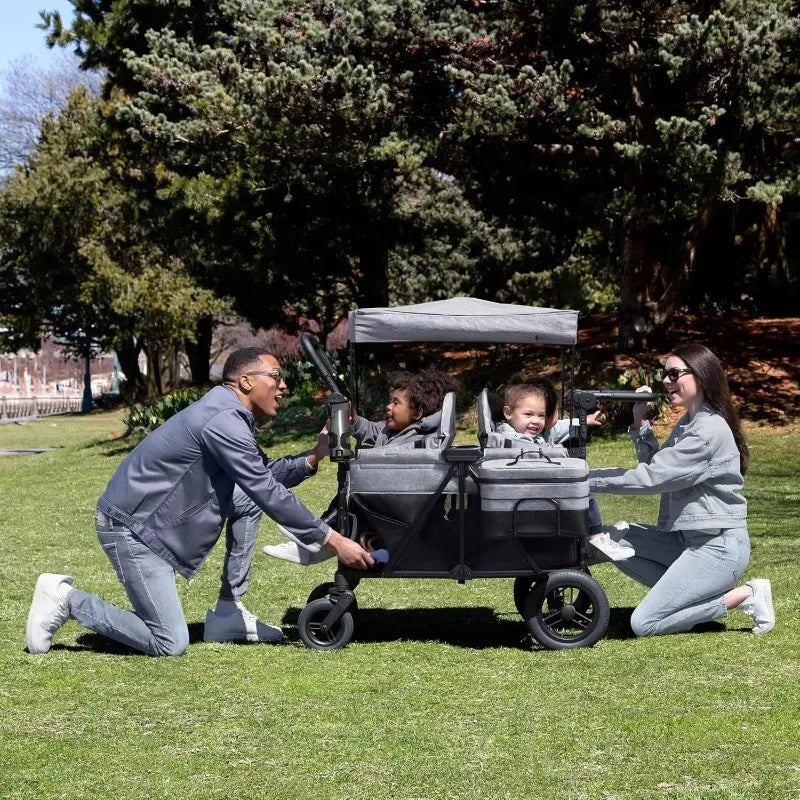 NEW Premium Quad Stroller Wagon for 4 Kids with Removable Canopy & Flat Fold,Adjustable Push/Pull Handles, Convertible Seats-Grey