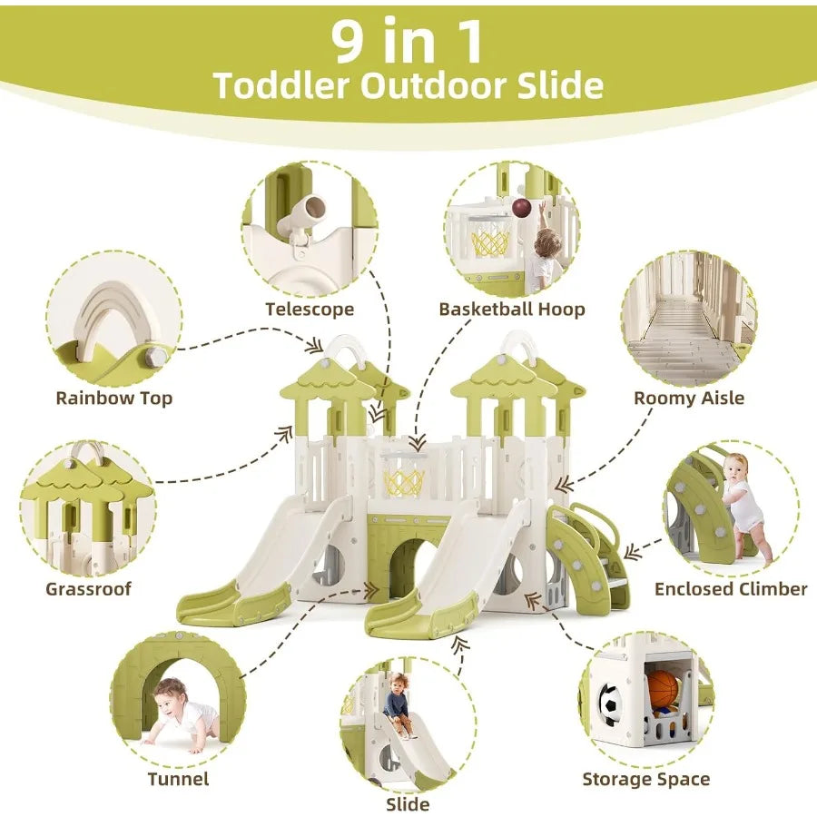8in1 Toddler Slide Indoor Playground Sets Toddler Outdoor Playset Backyards Slides for Age 1+ with Double SlidesGrassroof Climb
