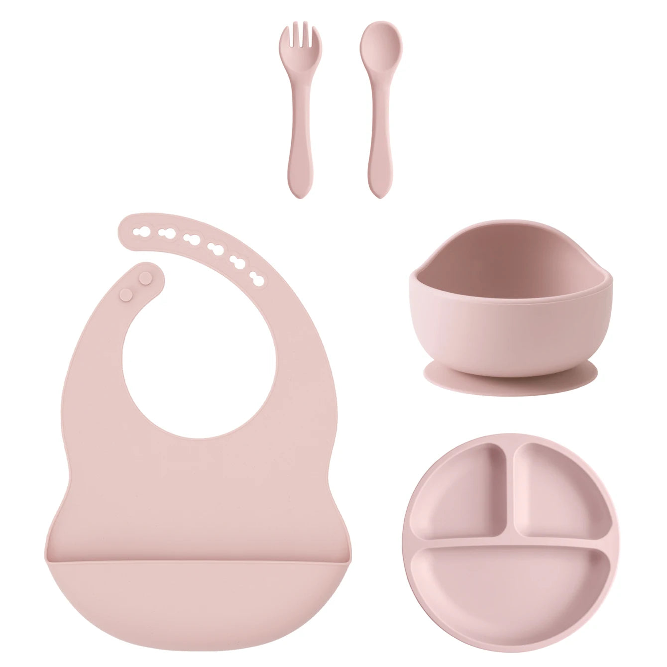 5PCS Silicone BPA Free Baby Toddler Feeding Set; Suction Plate, Suction Bowl, Bib, Spoon Fork Training Tableware Gift Set