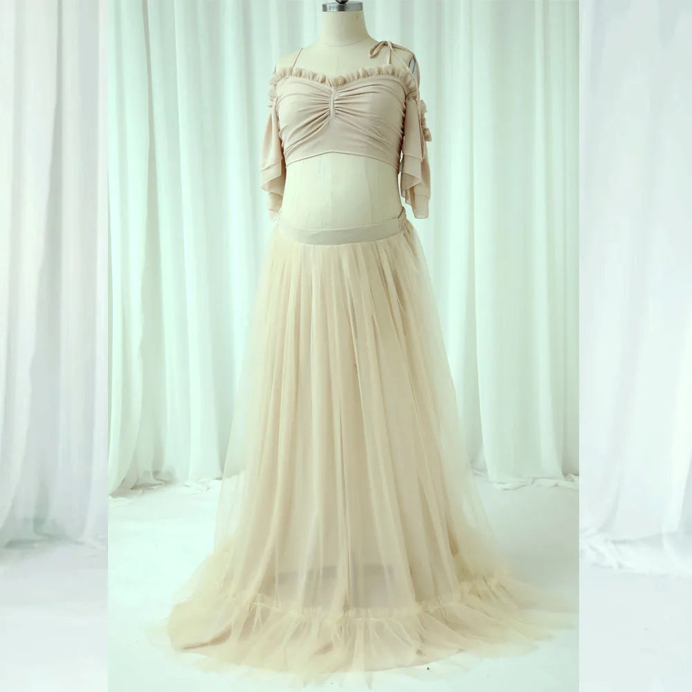 MaternityPhoto Shoot Dress Elegant Chiffon Two-Piece Dress With Adjustable Back Straps Short Top And Mesh Lace Skirt