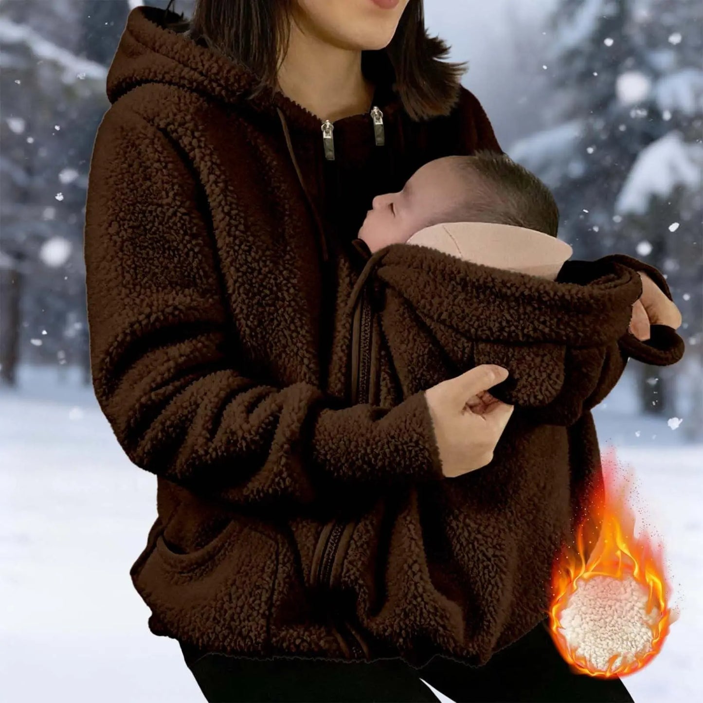 Maternity Warm Fleece Jacket Full Zip Baby Kangaroo Pouch For Winter Multifunctional Jacket, Plus Size Available