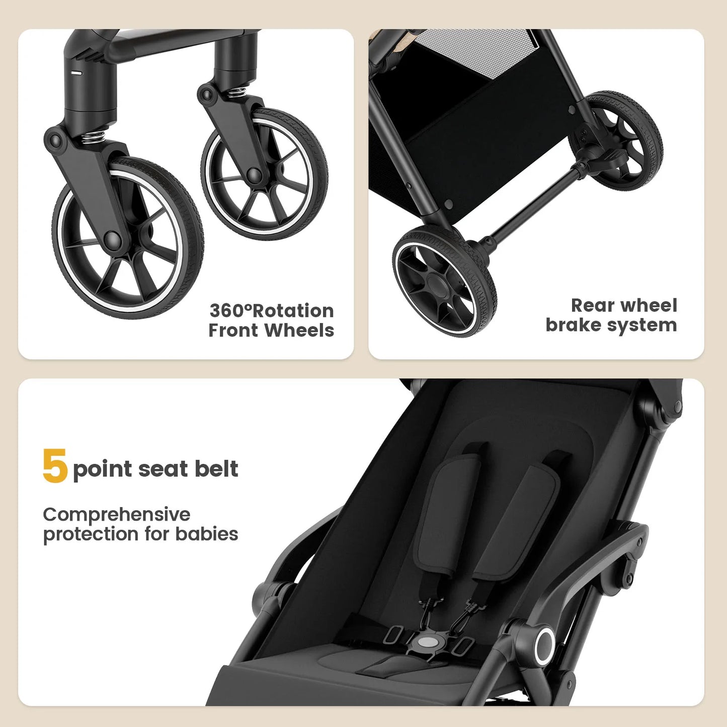 Standard Stroller  Seat, Foldable Portable Newborn Stroller, Luxury Baby Carriage Suit Baby,Toddlers, 360°Swivel Seat