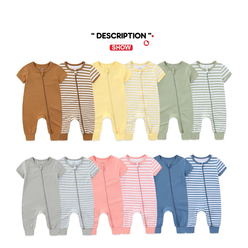 95% Cotton, 5% Elastane, Newborn Boy Girl Zipper Rompers Simple Fashion Baby Unisex Jumpsuits Summer Short Sleeve,  0-24 Months Infant Clothes