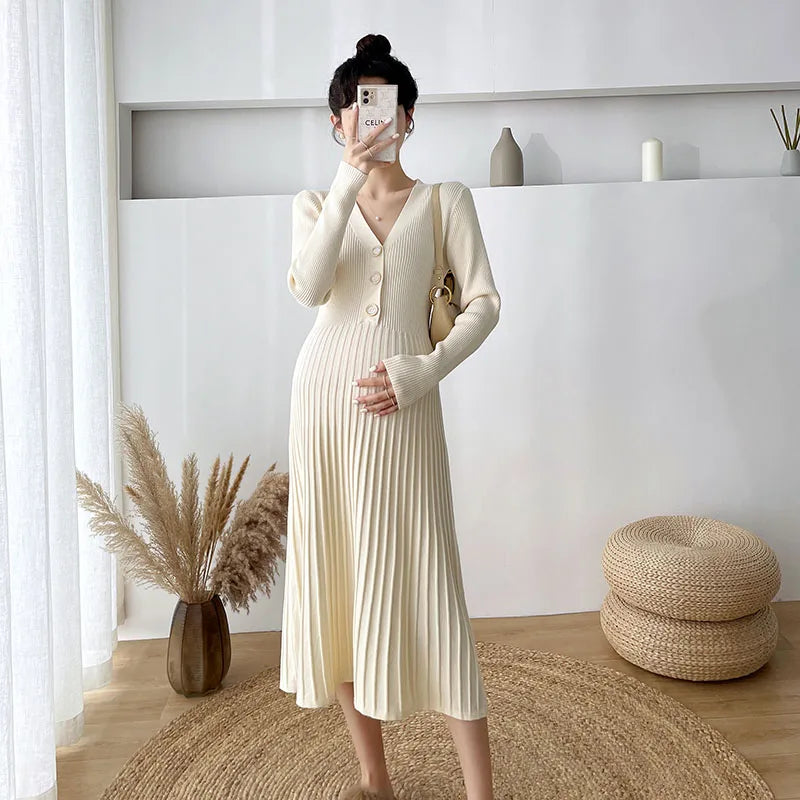 Maternity V-Neck Long Sleeve Sweater Dress