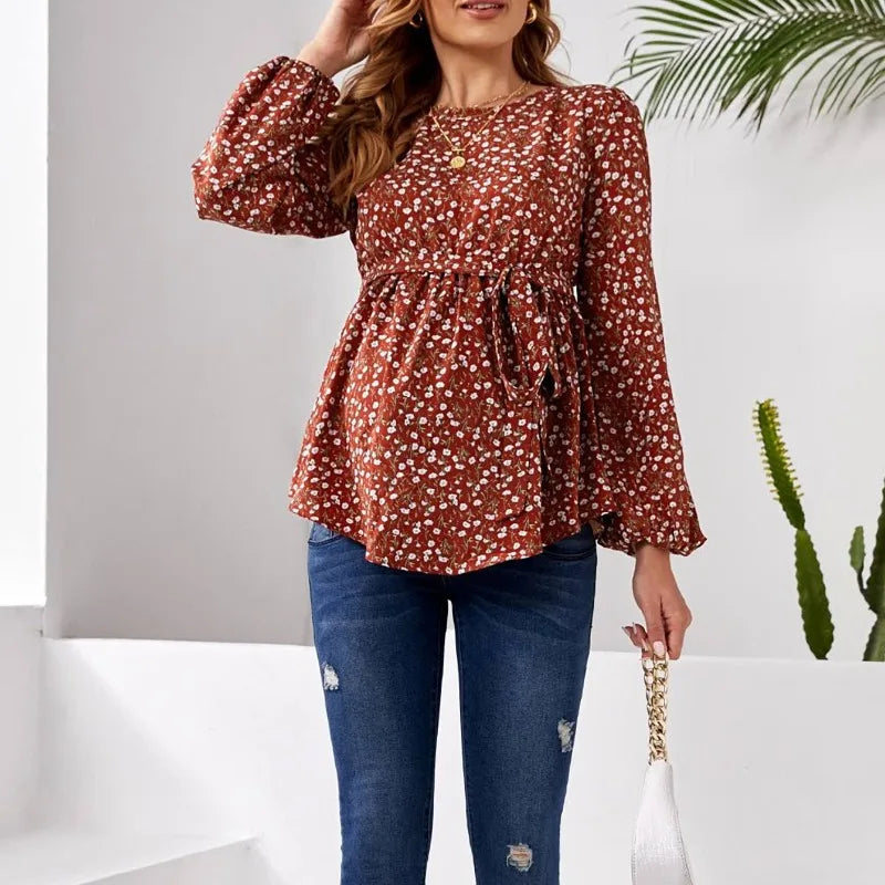 Maternity Blouse with Floral Print Long - Sleeve Round - Neck Button Belt Ruffled Hem Top