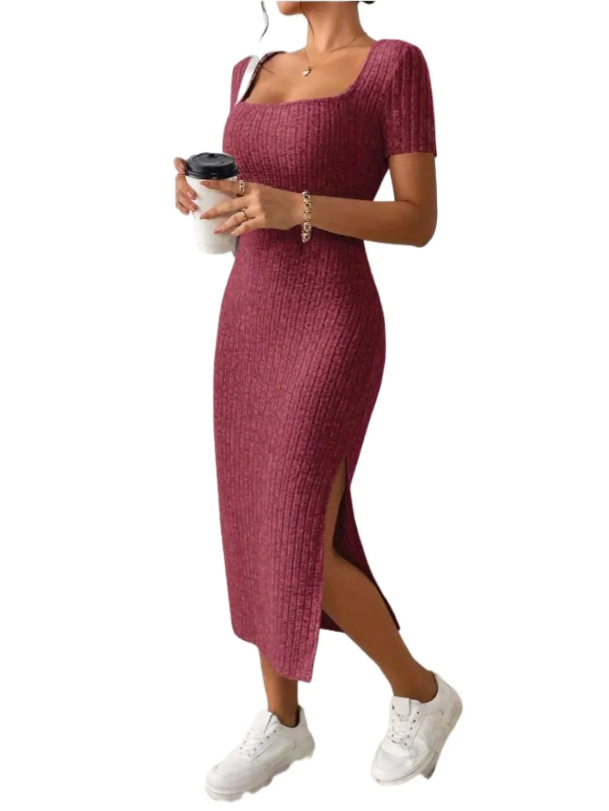 Maternity Dresses Hot Fashion Square Neck Side Knit Solid Color Clothes Pregnant Women Short-sleeved Dress Pregnant Women