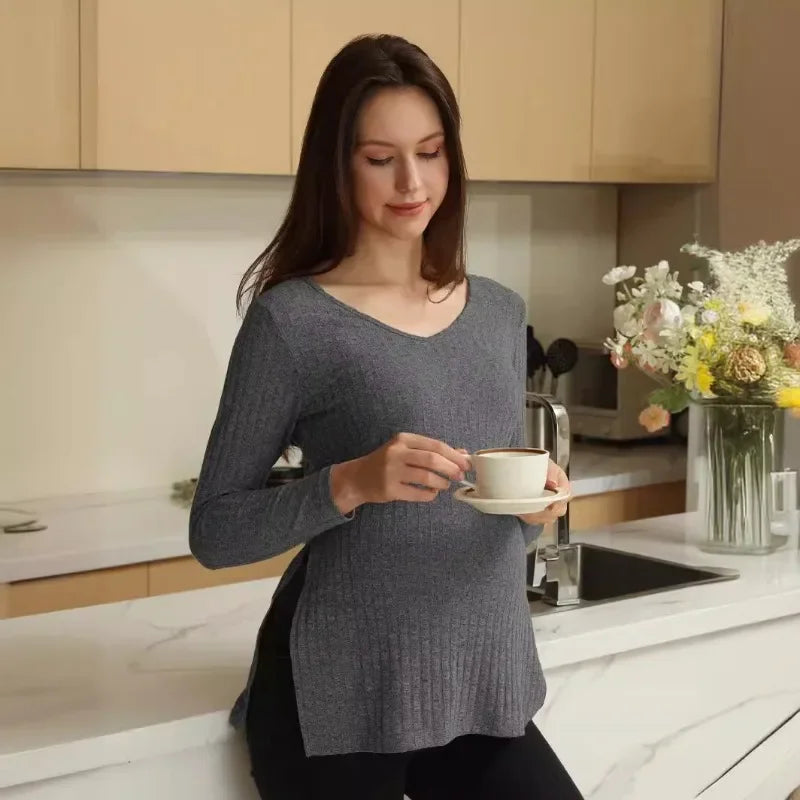 Maternity Fashion Trend Base Roman Wool Solid Color V-neck Long Sleeved Slit Sweater Soft and Comfortable Nursing Top