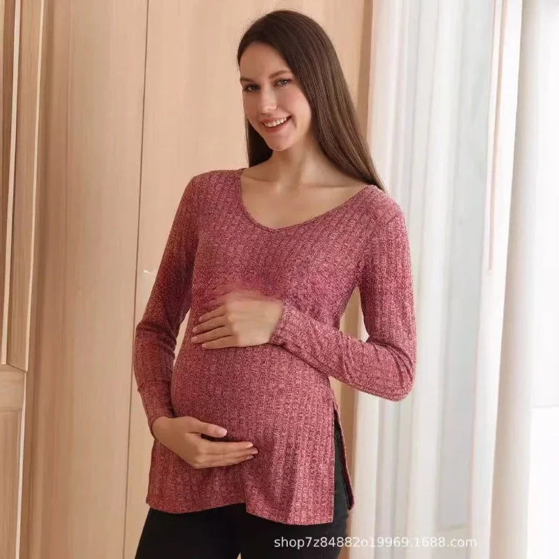 Maternity Fashion Trend Base Roman Wool Solid Color V-neck Long Sleeved Slit Sweater Soft and Comfortable Nursing Top