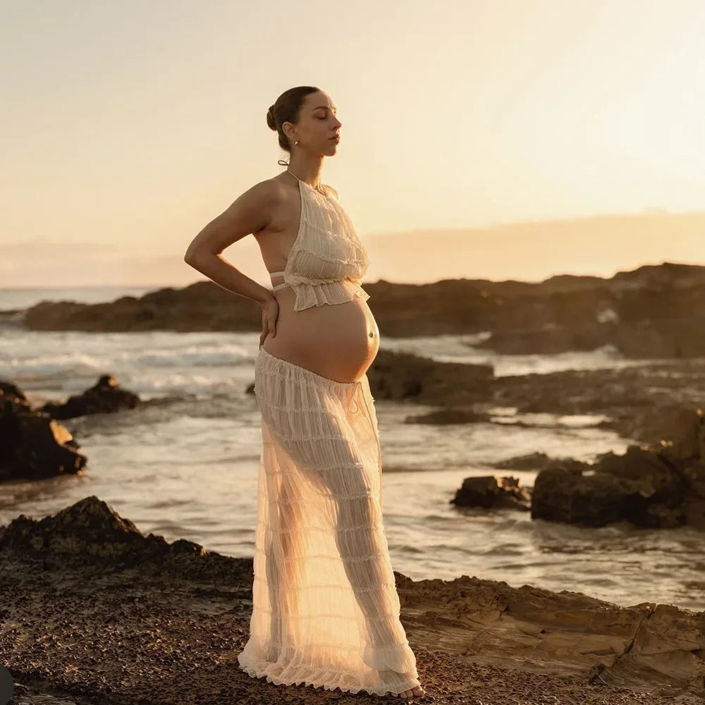 Maternity Photography Dress - Sexy Pleated Halter Top with Matching Chiffon Skirt, 2PC Set
