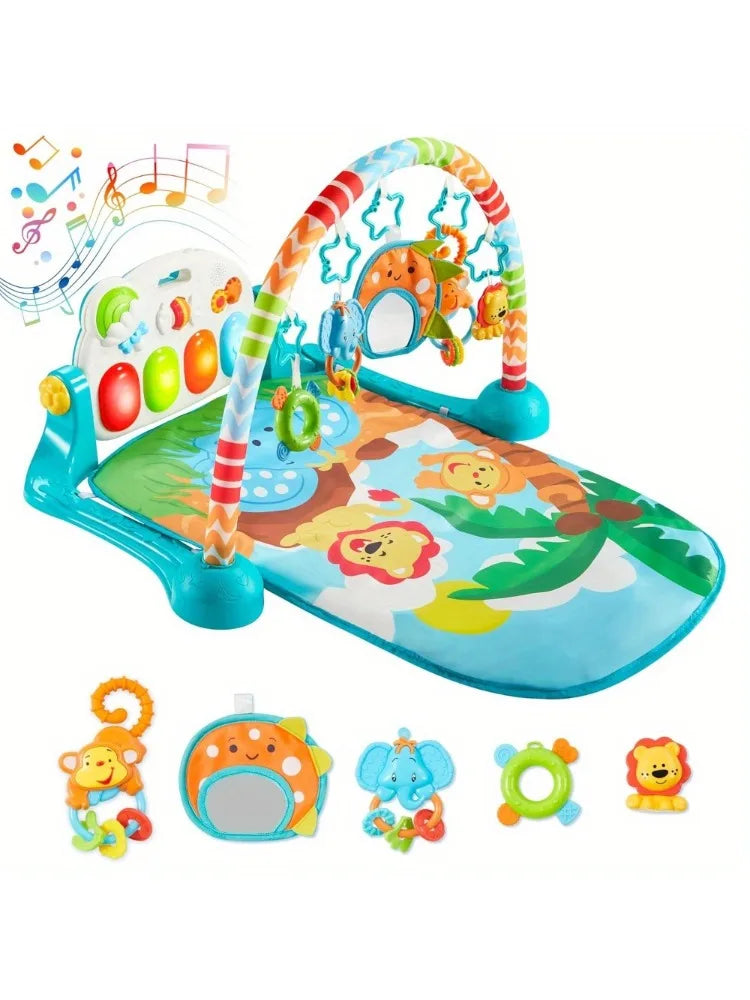 JOYFY Baby Play Mat Tummy Time Mat Toy for 0-12 Months Baby Musical Learning Toy Adorable Animal-Themed Play Gym with Piano Panel
