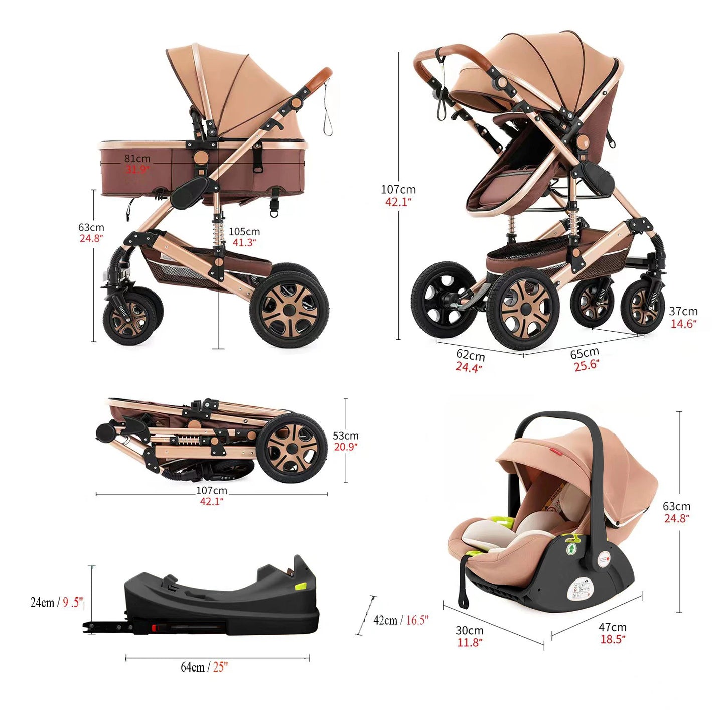 Baby Stroller Combo Car Seat, Baby Travel System with Isofix Base, Baby Carriage 3 in1 Reversible Foldable Standard Stroller