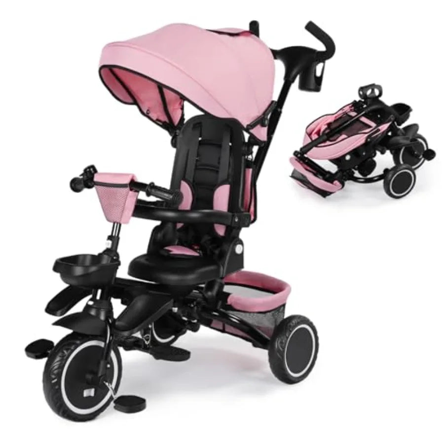 Kinder King Stroller Tricycle 8 in 1 Folding Toddler Trike w/Adjustable Push Handle Rotatable Seat Adjustable Canopy