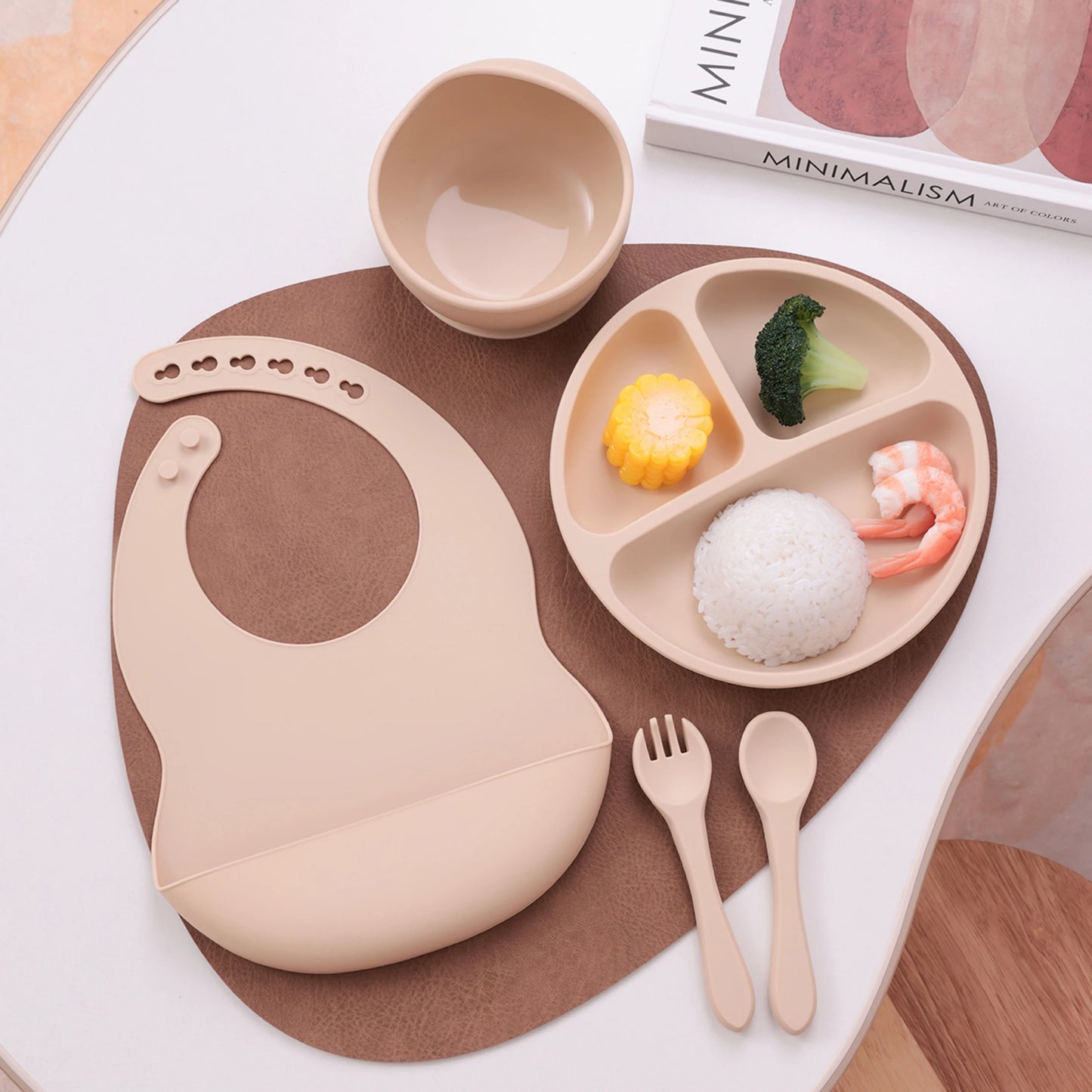 5PCS Silicone BPA Free Baby Toddler Feeding Set; Suction Plate, Suction Bowl, Bib, Spoon Fork Training Tableware Gift Set