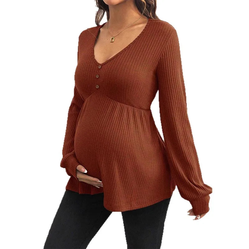 Maternity V-neck T-shirt  Summer Solid Color Long Sleeve Pregnant Women's Wear