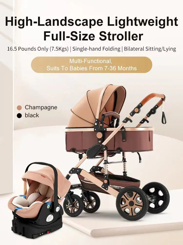 Baby Stroller Combo Car Seat, Baby Travel System with Isofix Base, Baby Carriage 3 in1 Reversible Foldable Standard Stroller