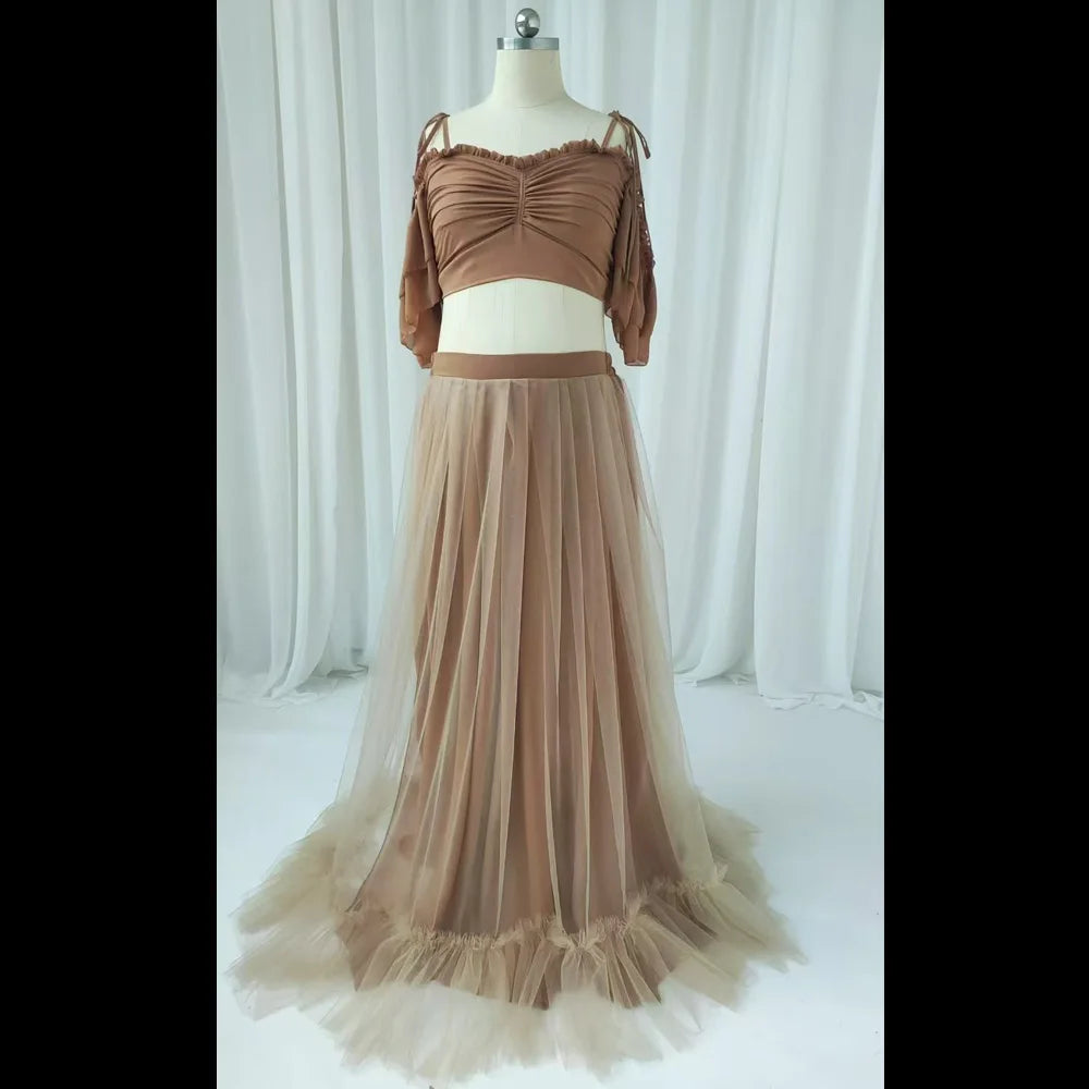 MaternityPhoto Shoot Dress Elegant Chiffon Two-Piece Dress With Adjustable Back Straps Short Top And Mesh Lace Skirt