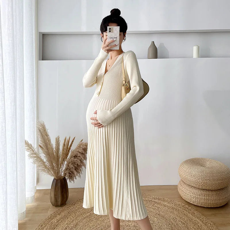 Maternity V-Neck Long Sleeve Sweater Dress