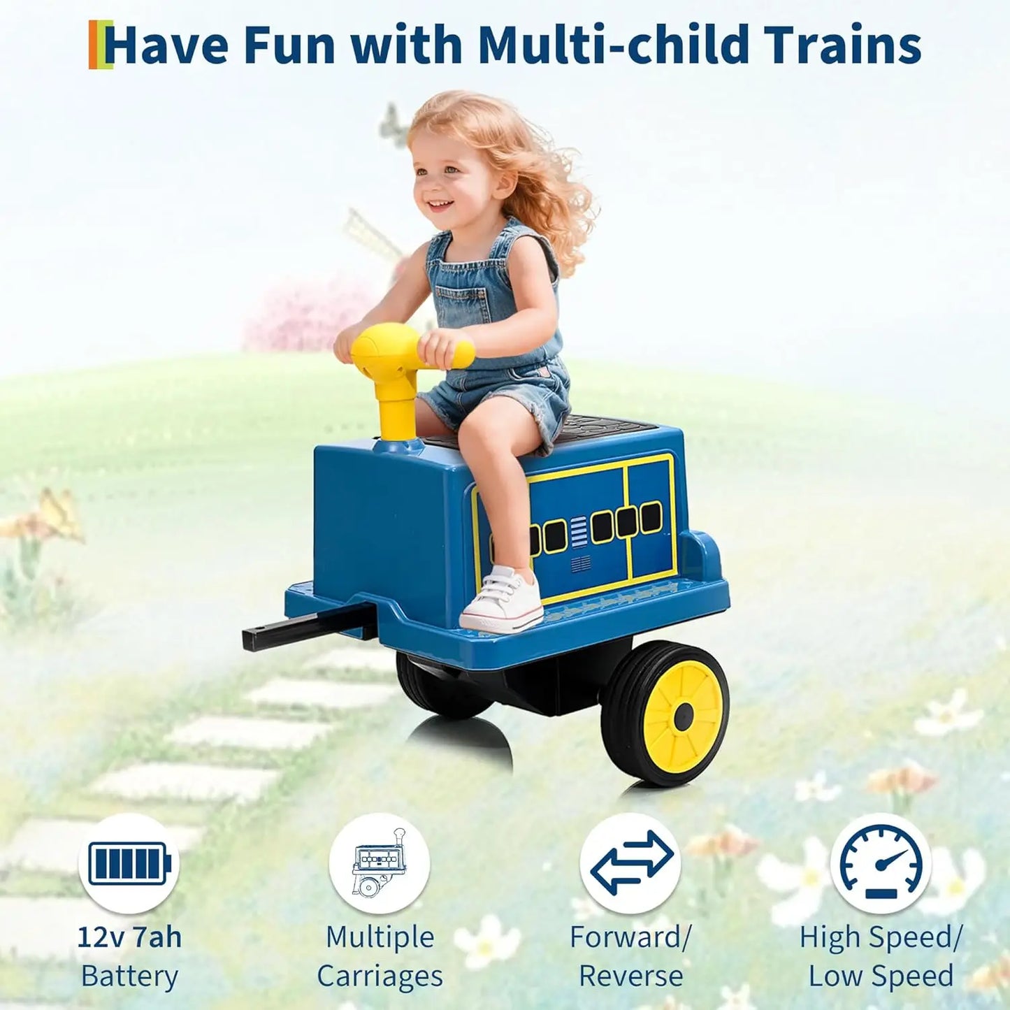 2 Seater Ride On Trackless Train , 12V Kids Ride On Toy with Height Adjustable Seat, Storage Space, Carriage for Toddlers 3+, 2nd carriage sold separately