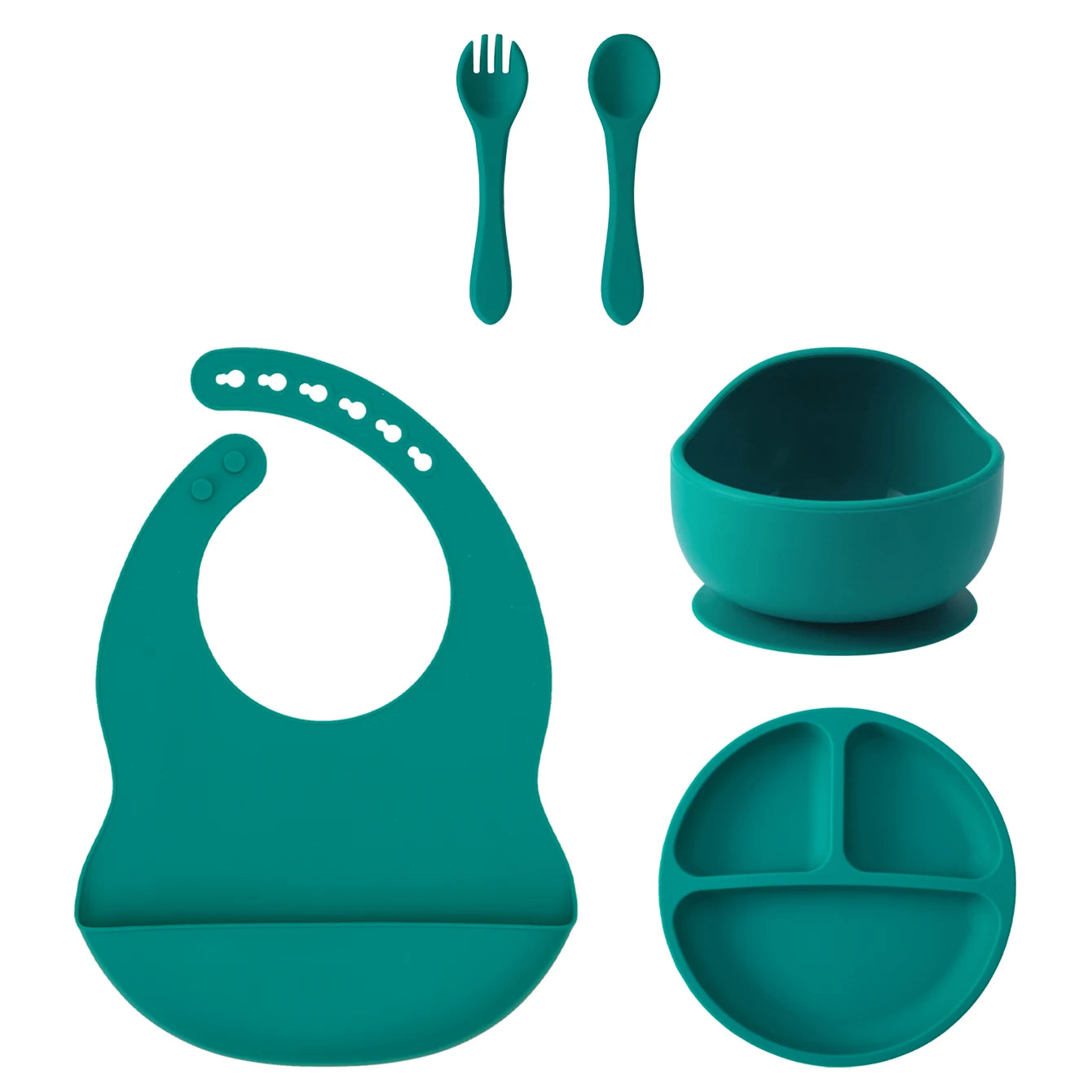 5PCS Silicone BPA Free Baby Toddler Feeding Set; Suction Plate, Suction Bowl, Bib, Spoon Fork Training Tableware Gift Set