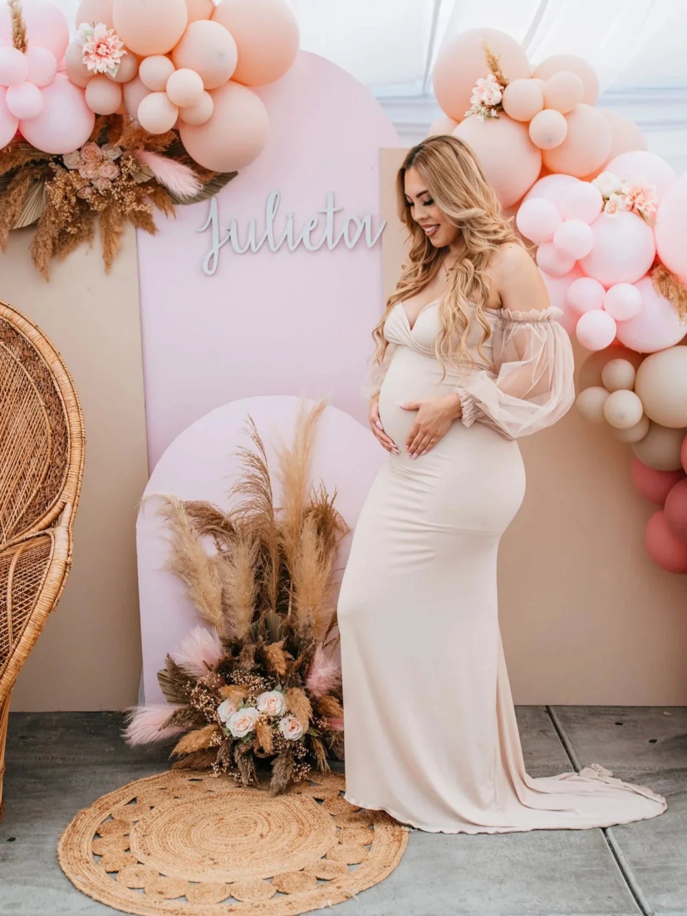 Maternity Photography Dress Off-Shoulder Mesh Puff Sleeve Slim Pregnancy Women's Maxi Gowns For Baby Shower Photoshoot