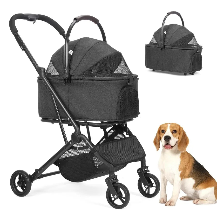 3 in 1 Dog Stroller Upgraded Frame Up to 44lbs Pet Stroller with Dog Poop Bags Dispenser Zipperless Entry Storage Basket
