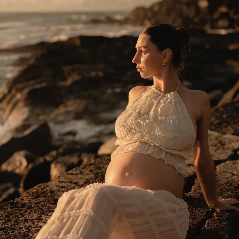 Maternity Photography Dress - Sexy Pleated Halter Top with Matching Chiffon Skirt, 2PC Set