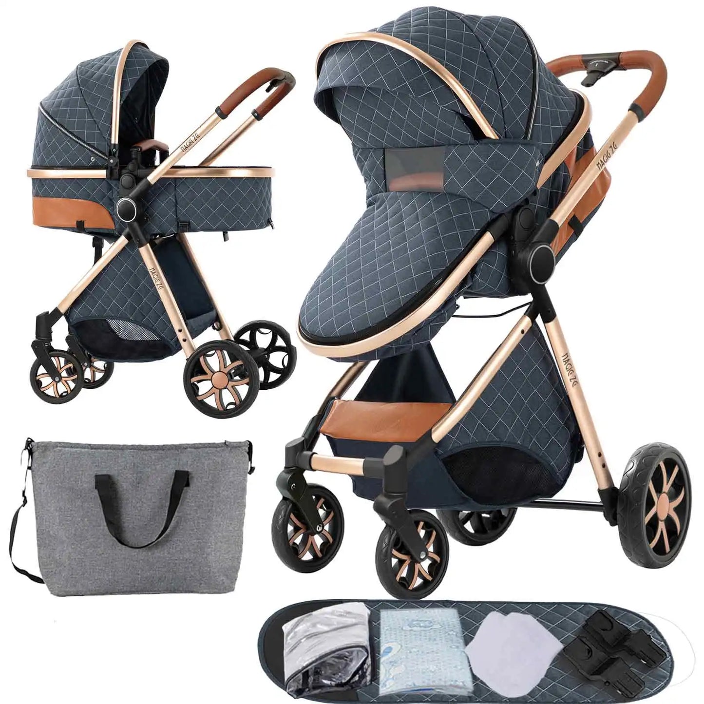 Baby Stroller 2 in 1 with Carrycot Reversible Seat 5-Point Harness for Newborn 0-3Y Lightweight Foldable 2-in-1 Baby Stroller