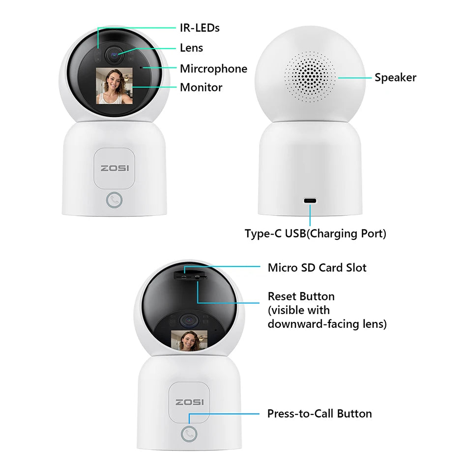 ZOSI Smart Baby Cams WiFi PTZ Auto Tracking AI 360° Panoramic Indoor Video Surveillance