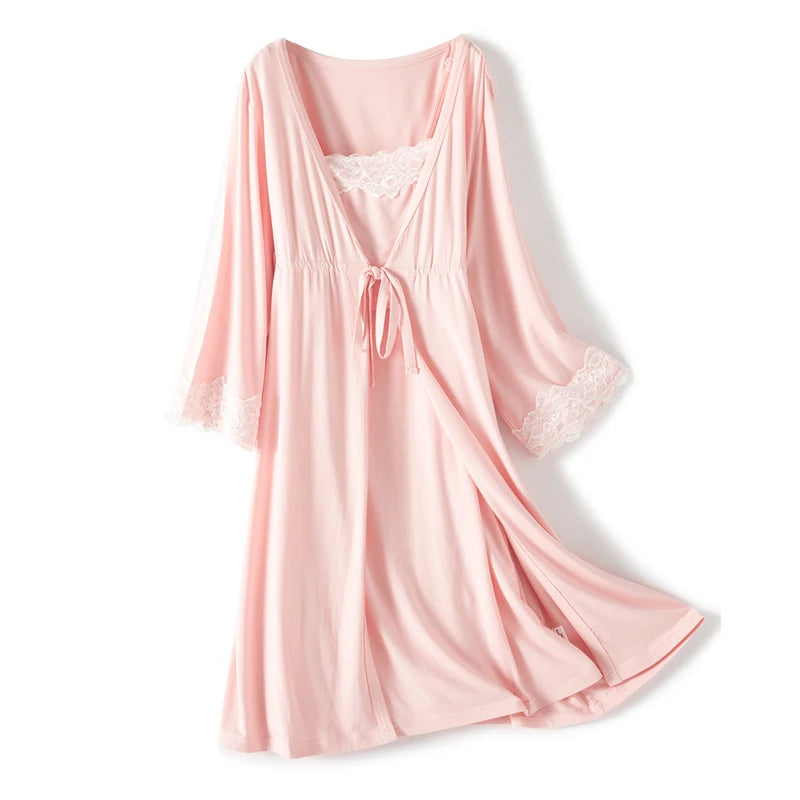 Maternity Labor Dress+Robe Childbirth Pregnancy Pajamas Sleepwear Nursing Sling Breastfeeding Nightgown - 2pcs/Set