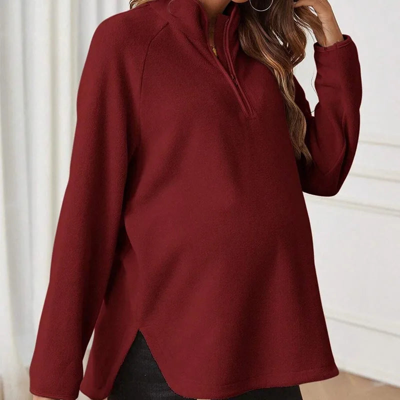 Maternity T-Shirt AutumnWinter Maternity Fashion Solid-Color Zipper Loose-Fit Long-Sleeve T-Shirt