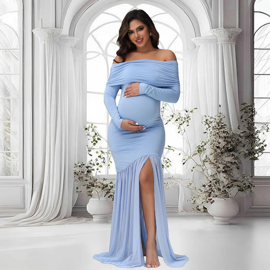 Maternity Photography Off-Shoulder Slits Fishtail Hem Baby Shower Clothes For Pregnant Woman Evening Party Elegant Gown