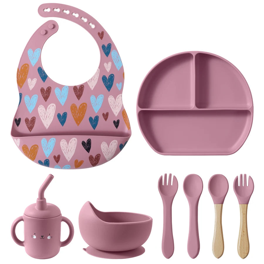 100% Food Grade Silicone Baby Cup, Bowl, Bib, Suction Dish and Utensils Sets
