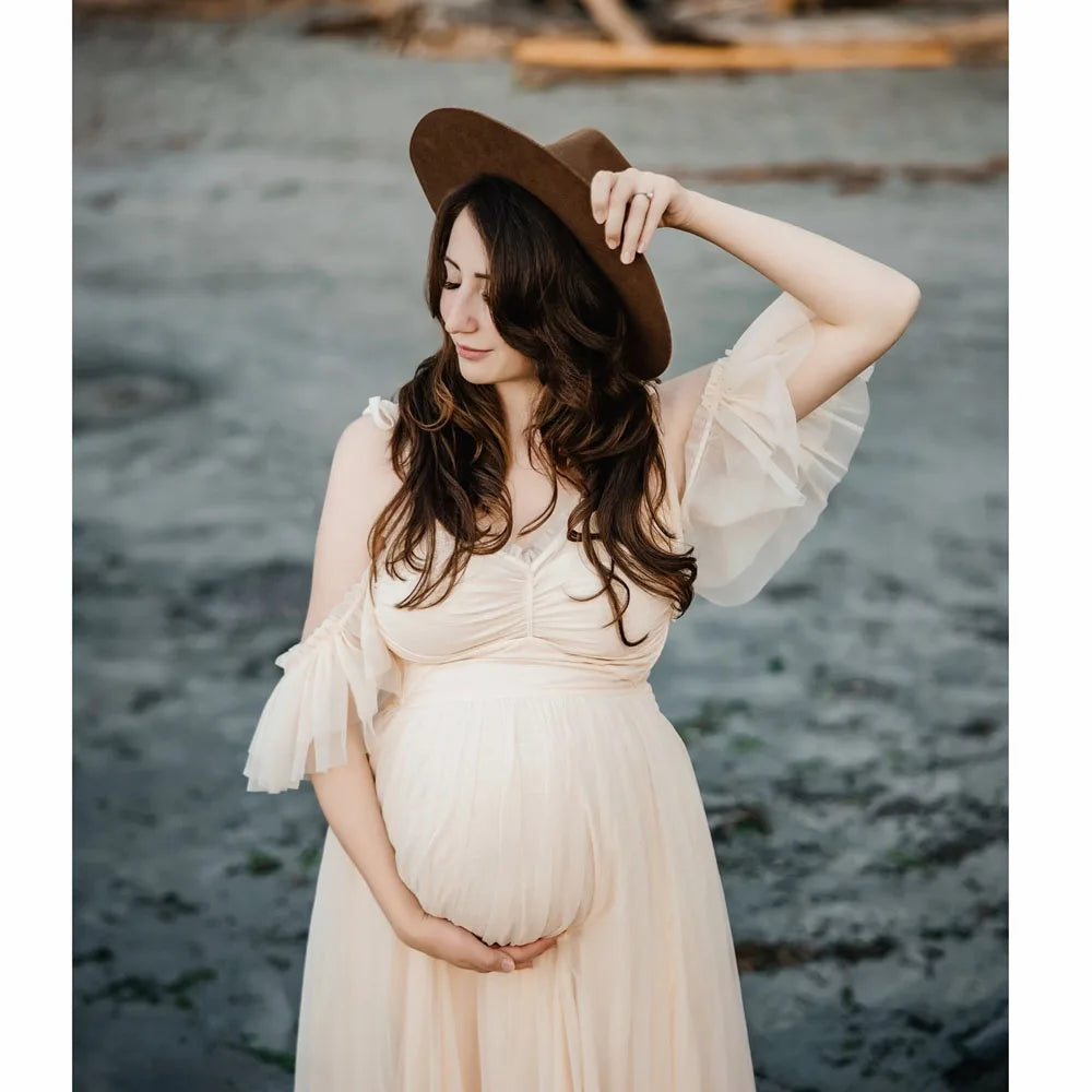 MaternityPhoto Shoot Dress Elegant Chiffon Two-Piece Dress With Adjustable Back Straps Short Top And Mesh Lace Skirt