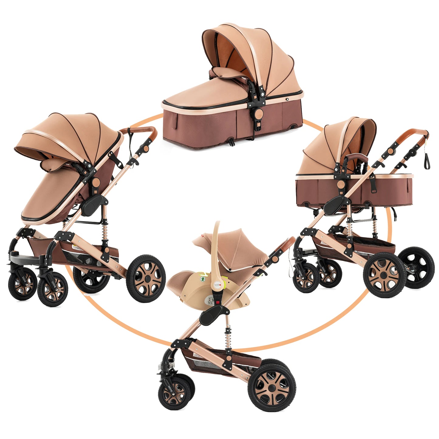 Baby Stroller Combo Car Seat, Baby Travel System with Isofix Base, Baby Carriage 3 in1 Reversible Foldable Standard Stroller