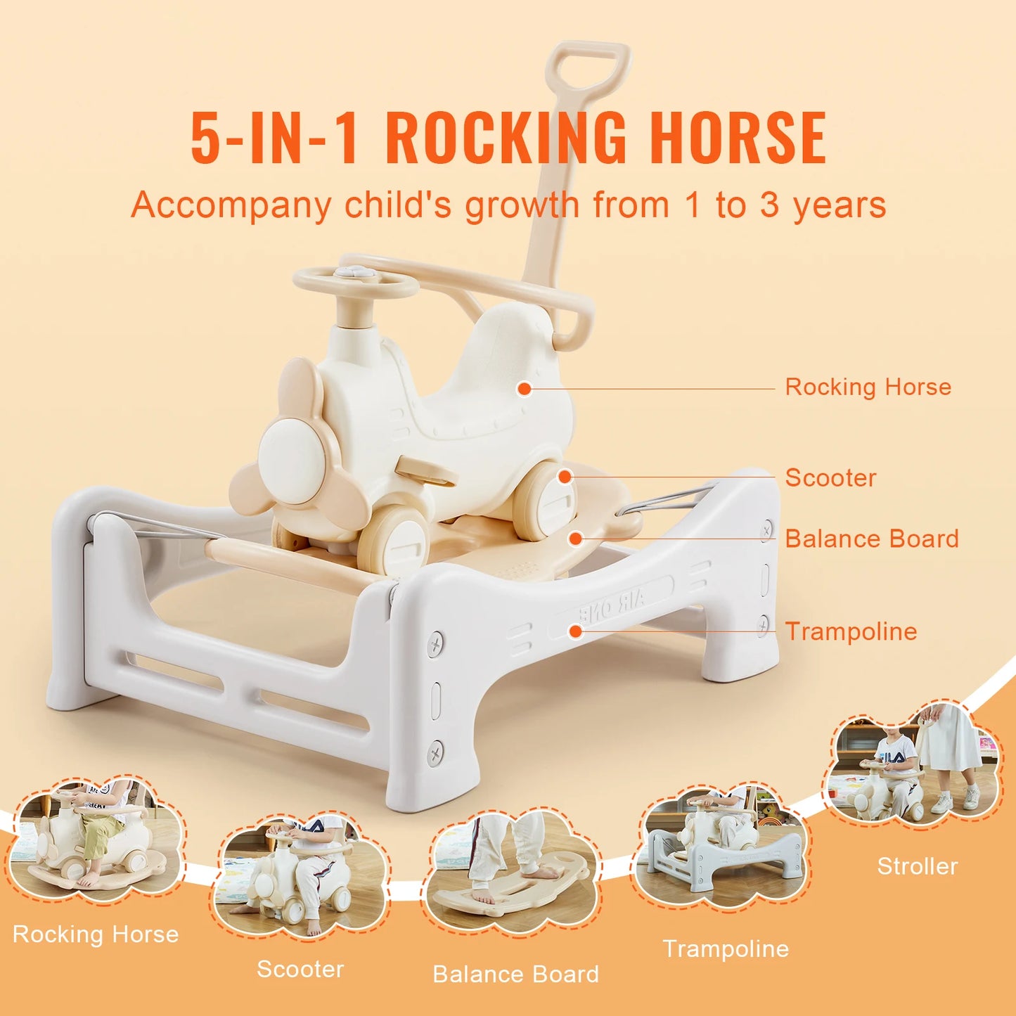 SucceBuy 5 in 1 HDPE Rocking Horse for Toddlers 1-3 Years, Baby Rocking Vehicle with Trampoline Detachable Balance Board