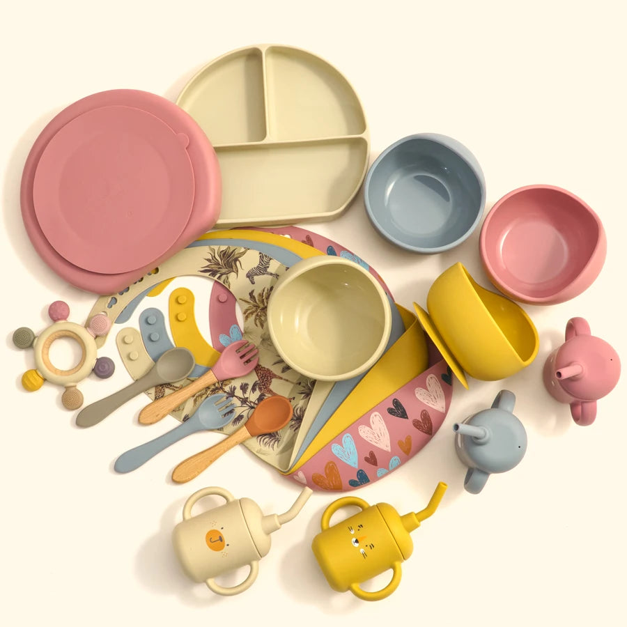 100% Food Grade Silicone Baby Cup, Bowl, Bib, Suction Dish and Utensils Sets