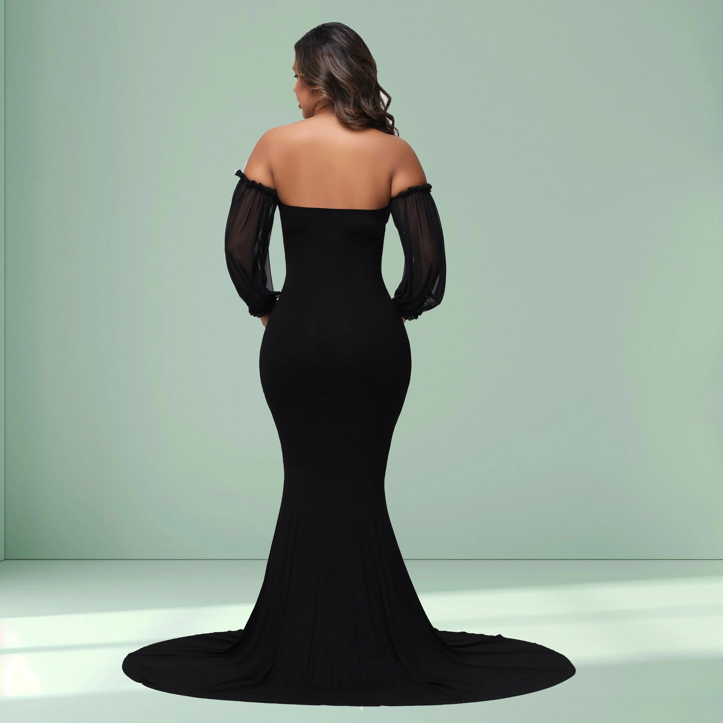 Maternity Photography Dress Off-Shoulder Mesh Puff Sleeve Slim Pregnancy Women's Maxi Gowns For Baby Shower Photoshoot
