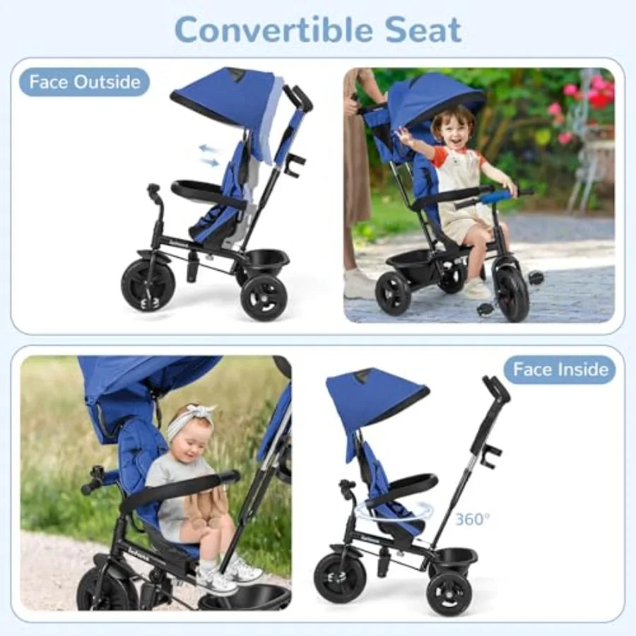 Stroller Tricycle 6 in 1 Baby Trike Toddler Bike with Reversible Seat Adjustable Push Handle Control Direction Removable Canopy