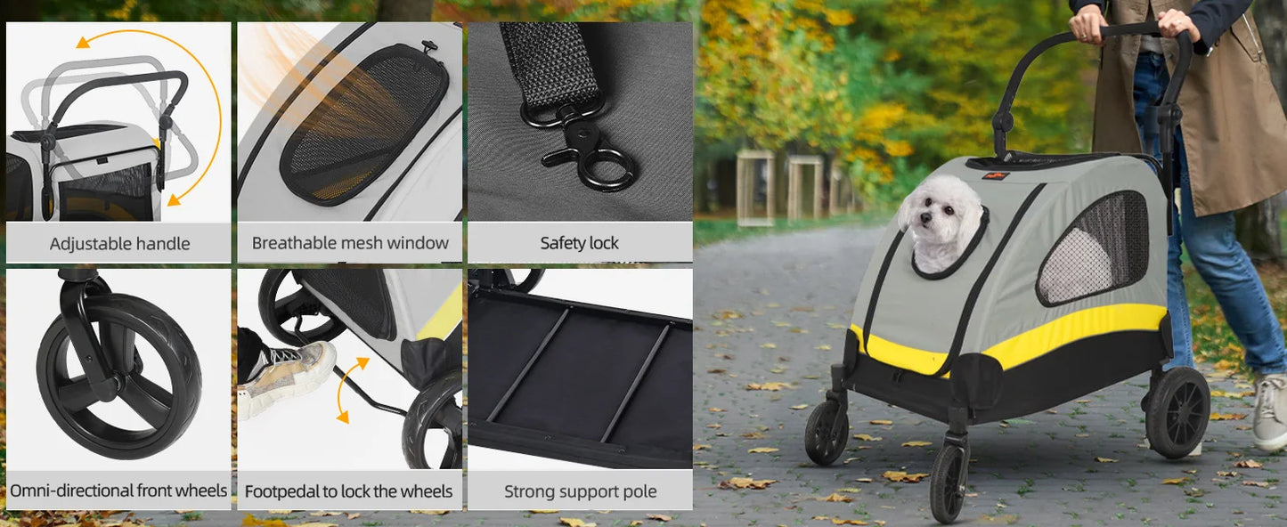 Premium Dog Stroller Pram 4 Wheel Foldable Cart Travel Walk Pet Jogger Wagon for Small Medium Large XL Dogs